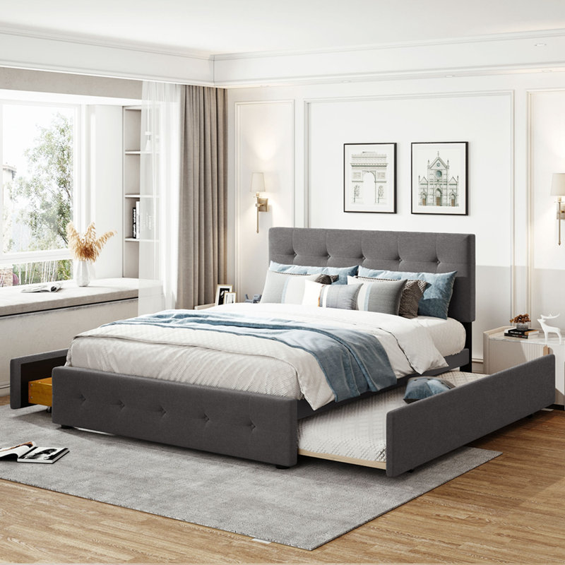 Queen Size Tufted Platform Bed With Drawers And Tr Upholstered Platform Storage Bed, Light Gray