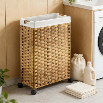 Slim Rolling Laundry Hamper With Removable Liner Bags & Mesh Bags, 45L Compact Rattan Basket With Wheels For Bathroom And Bedroom