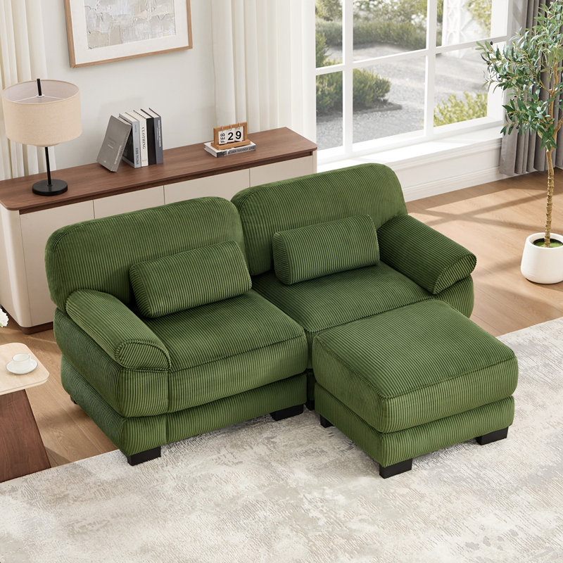 Canapé moderne rembourré de 76,4 po avec deux coussins inclus, Velours côtelé vert