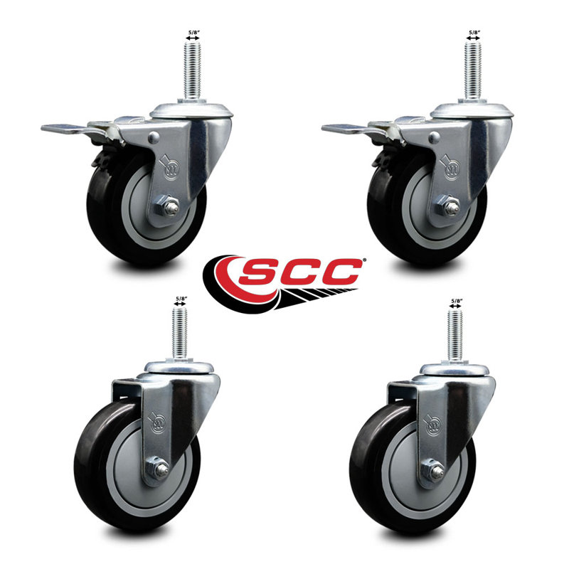 4 Inch Poly Swivel 5/8 Inch Threaded Stem Caster Set 2 Total Lock Brakes, Black