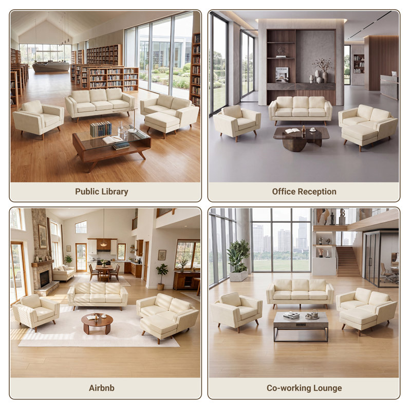 Canapé modulaire rembourré réversible de 84 po avec méridienne, repose-pieds et pieds en bois massif Havens, Chenille beige