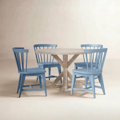 Lana Round Dining Table Set With Blue Wooden Side Chairs