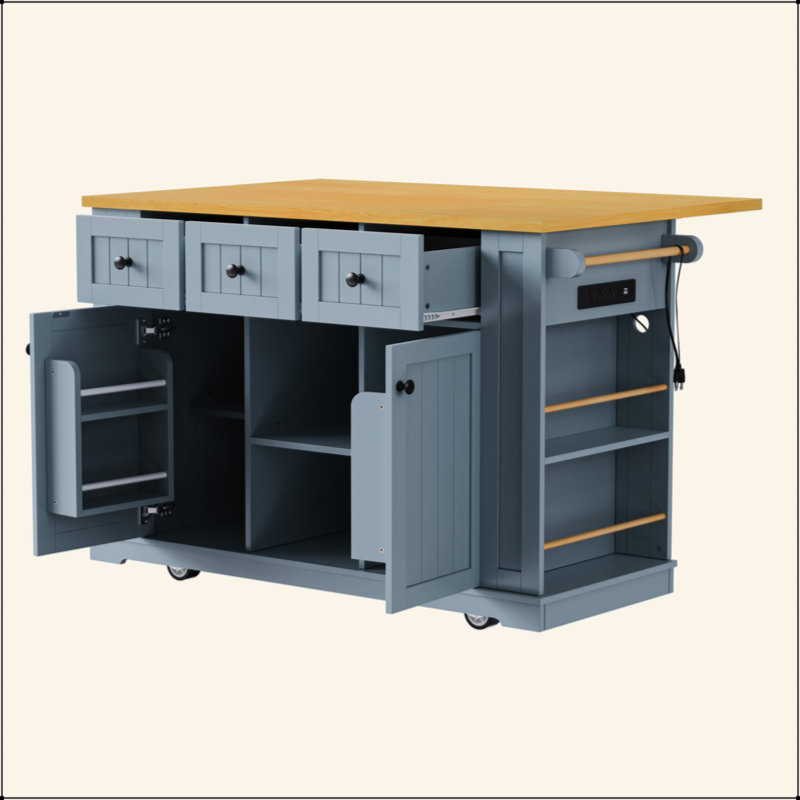 Grand îlot de cuisine avec abattant, prise de courant, support de rangement interne pour porte, chariot de cuisine sur roulettes sur 5 roulettes avec 5 supports latéraux ouverts pour la cuisine, la salle à manger (n'inclut pas les tabourets de bar)