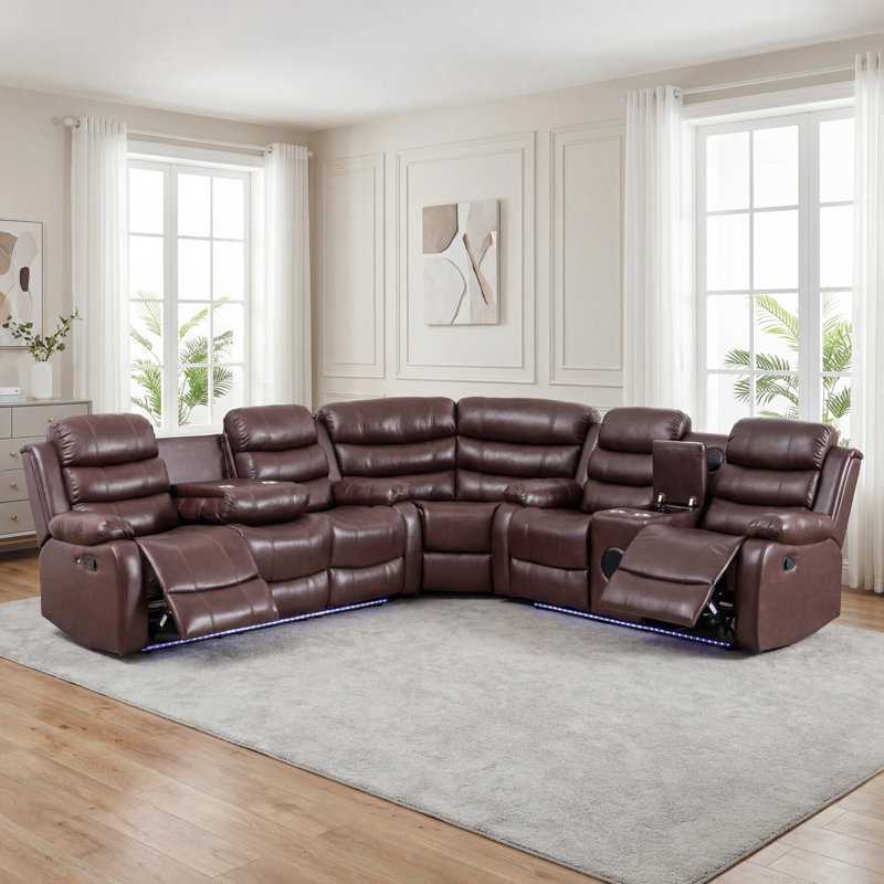 3-Piece Manual Reclining Sectional With LED Lights, Bluetooth Console And Drop-Down Table - Faux Leather Sofa, Brown