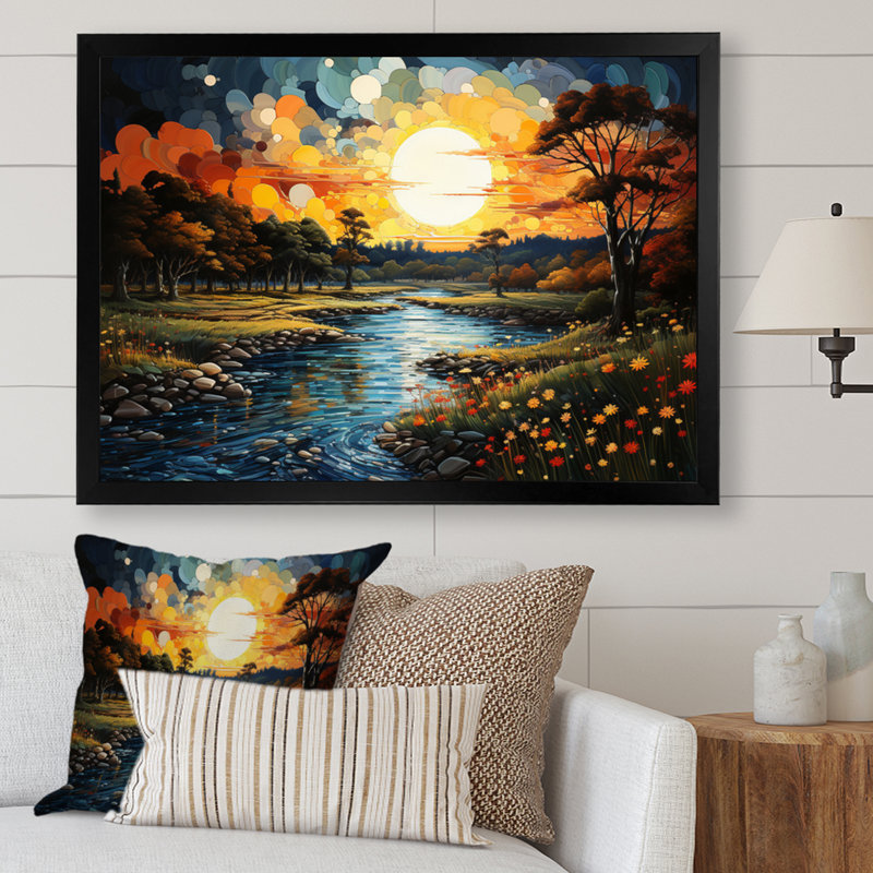 "Countryside River Bend Patchwork II", reproduction d'art sur toile, H 24 po x l 32 po x P 1 po, Cadre simple noir
