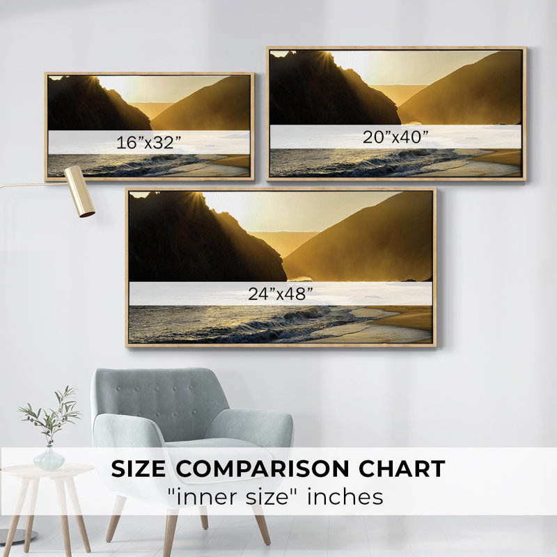 Sunset at Big Sur- Framed Gallery Wrapped Canvas -Ready to Hang, 25" H x 49" W, Natural