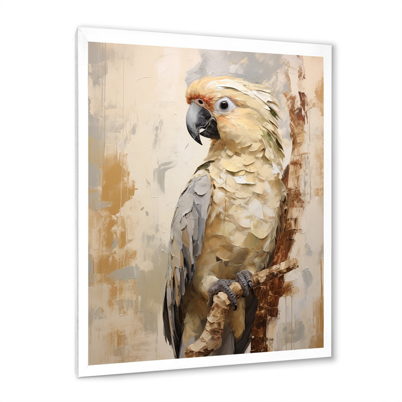 Perroquet beige à plumes élégantes I, Cadre simple blanc, H 40 po x l 30 po x P 1,5 po