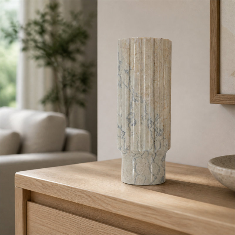 Vase en marbre massif naturel à rainures carrées – 11,5 cm, texture crème – Ornement décoratif floral de table luxueux