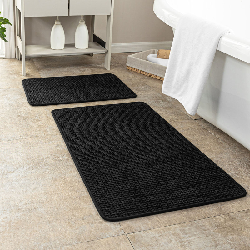 Ultra Thin Chenille Weave Non Slip Bathroom Rug Set, Set of 2 - 32" L x 20" W, 24" L x 16" W, Black