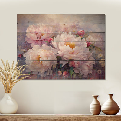 Pink And White Peonies Florescence Charm I - Peonies Wood Wall Art On Natural Pine Wood