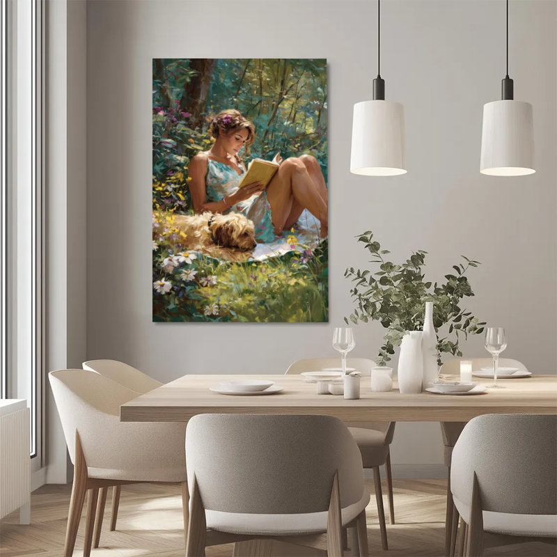«Woman Reading Book in Floral Forest with Dog», art mural sur toile tendue avec cadre intérieur en bois massif, prête à être accrochée
