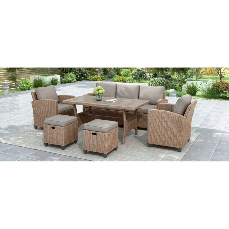 Ensemble de 6 chaises d'extérieur en rotin pour jardin, chaise, tabourets et table en rotin d'osier et résine Topmax, Naturel