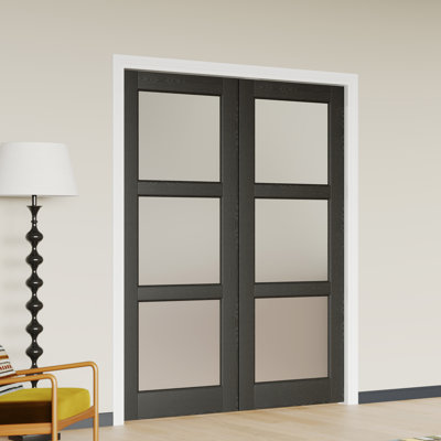 Interior Double French Door Slabs with Matching Frame – Black 3 Lite Frosted Glass MDF Interior Pantry Doors with Decorative Molding