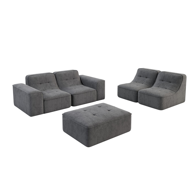 Ensemble de canapé modulaire gris de 143,7 po avec repose-pieds amovible, conception capitonnée, siège profond, méridienne et fauteuil d'appoint, canapé moderne en chenille étincelante pour salon, appartement, bureau