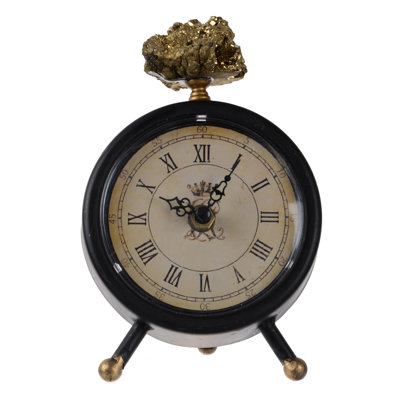 Traditional Roman Numeral Metal Quartz Movement / Crystal Tabletop Clock with Alarm in Black/Gold