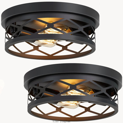 2-Pack 2-Light Matte Black Industrial Flush Mount Round Ceiling Light