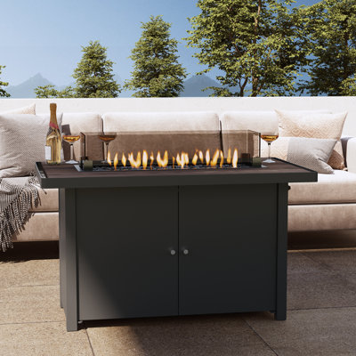 43“ W Expandable Outdoor Propane Fire Pit Table, 55,000 BTU Patio Dining Table with Glass Wind Guard