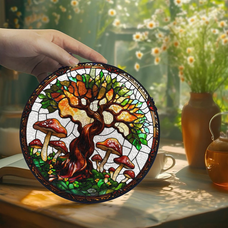 Arbre avec champignon vitrail pour fenêtre, 11,8 x 11,8 po (30 x 30 cm)