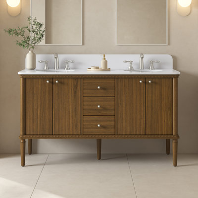 Meuble-lavabo simple OVE Helena 91 cm (36 po) en chêne antique avec comptoir en pierre reconstituée blanche et quincaillerie en nickel brossé