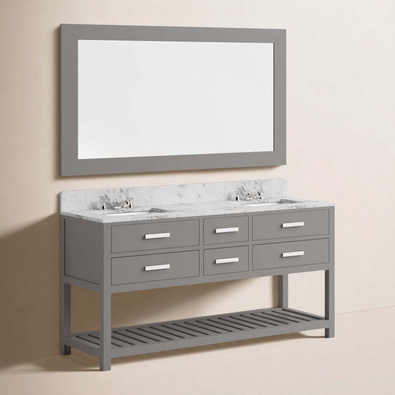 Parmer 60" Carrara White Marble Countertop Bath Vanity with Faucet and Mirror, Cashmere Gray