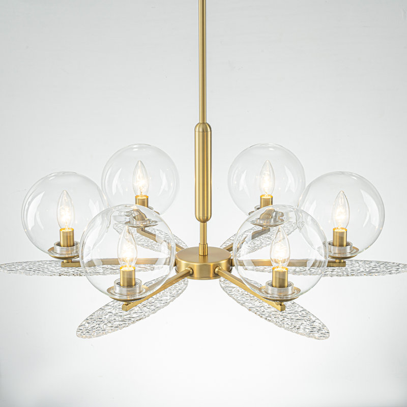 Lustre doré à 6 lumières avec globes en verre transparent et décorations en acrylique ondulé, luminaire suspendu moderne pour îlot de cuisine, hauteur réglable de 19,7 po à 74,8 po, compatible avec les plafonds inclinés, base E12, homologué ETL et UL