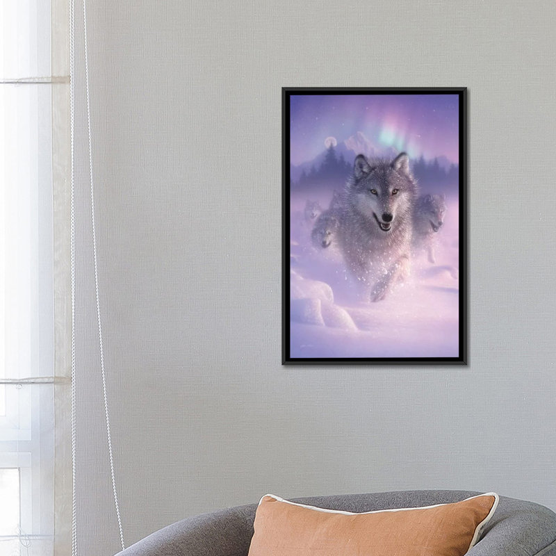 Éclairage du nord-wolves à courant vertical, H 26 po x l 18 po x P 1,5 po, Toile avec cadre noir, Pas de tapis