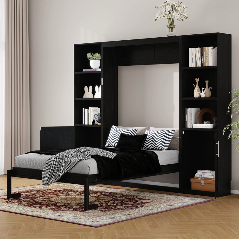 Grand lit escamotable avec tablettes ouvertes et armoires de rangement, lit escamotable pliable en bois, armoire murale polyvalente