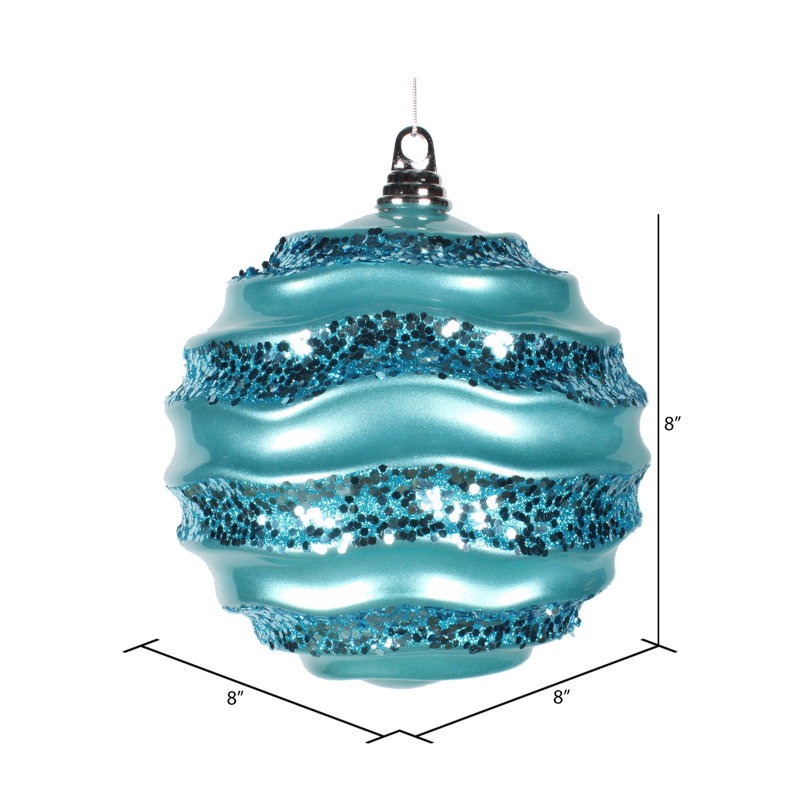 Ornement de Noël boule rayée et scintillante, H 8 po x l 8 po x P 8 po, Turquoise