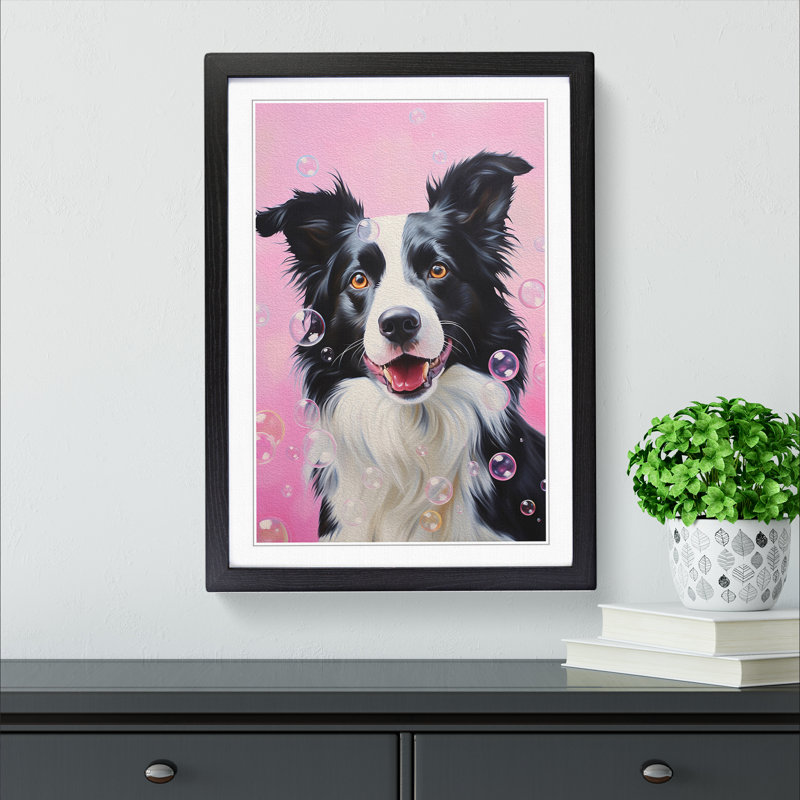 Border Collie Bubble Gum - Single Picture Frame Print on Wood, 64cm H x 46cm W x 2cm D, Black