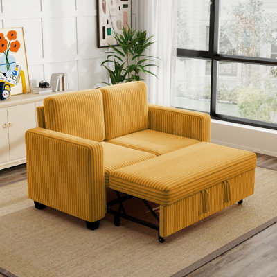 58.1 Inch Orange Corduroy Modular 2-Seat Pull-Out Sofa Bed, Multi-Functional 2-In-1 Convertible Couch For Small Space Living Room