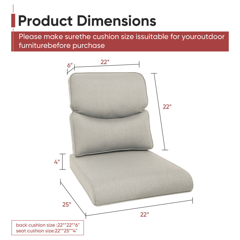 Carolina 22 x 25 inch Outdoor Cushion For High Back Chair, 4 inch Thick Outdoor Replacement Cushion, Patio Wicker Chair Cushion Set