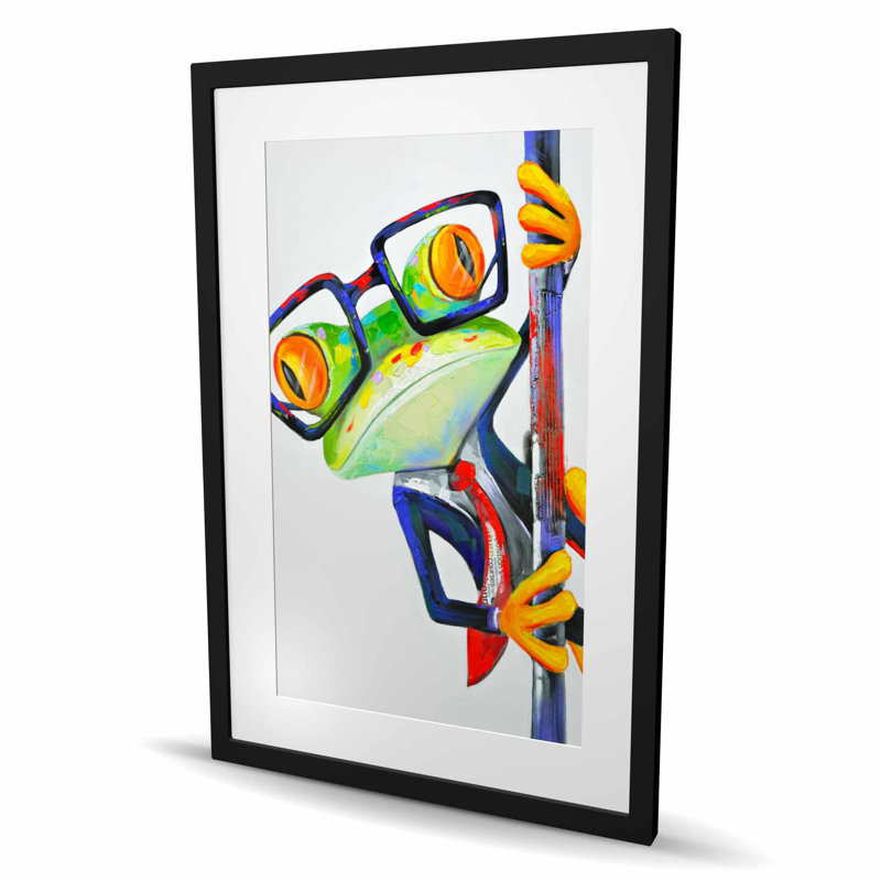 Drôle de grenouille avec lunettes - reproduction encadrée avec passe-partout pour enfants, Noir