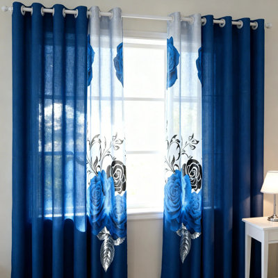 Queen Size 9-Piece Royal Blue & Black Rose Bedding & Curtain Set (Queen) - Quilted Microfiber Bedspread + Sheer Drapes