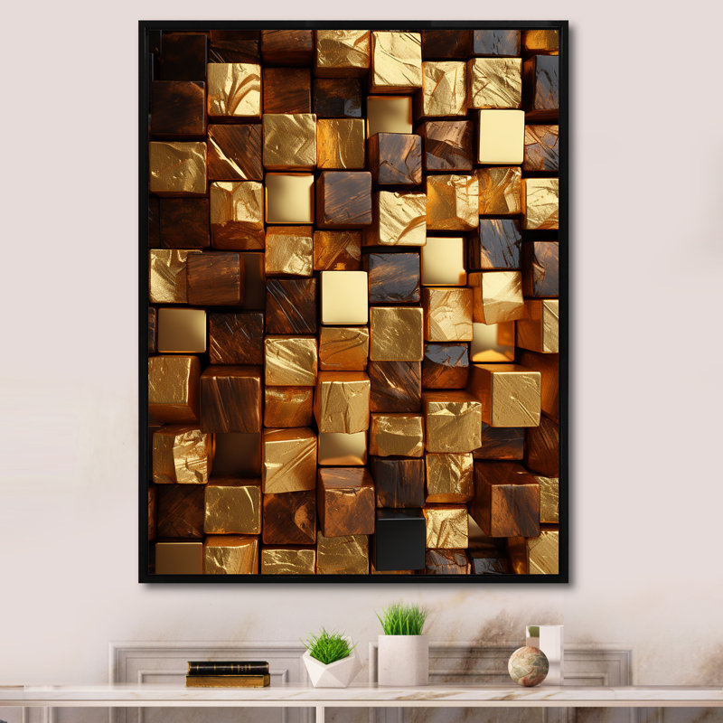 Or abstrait cubes II - art mural géométrique, H 40 po x l 30 po x P 1,5 po, Cadre flottant noir
