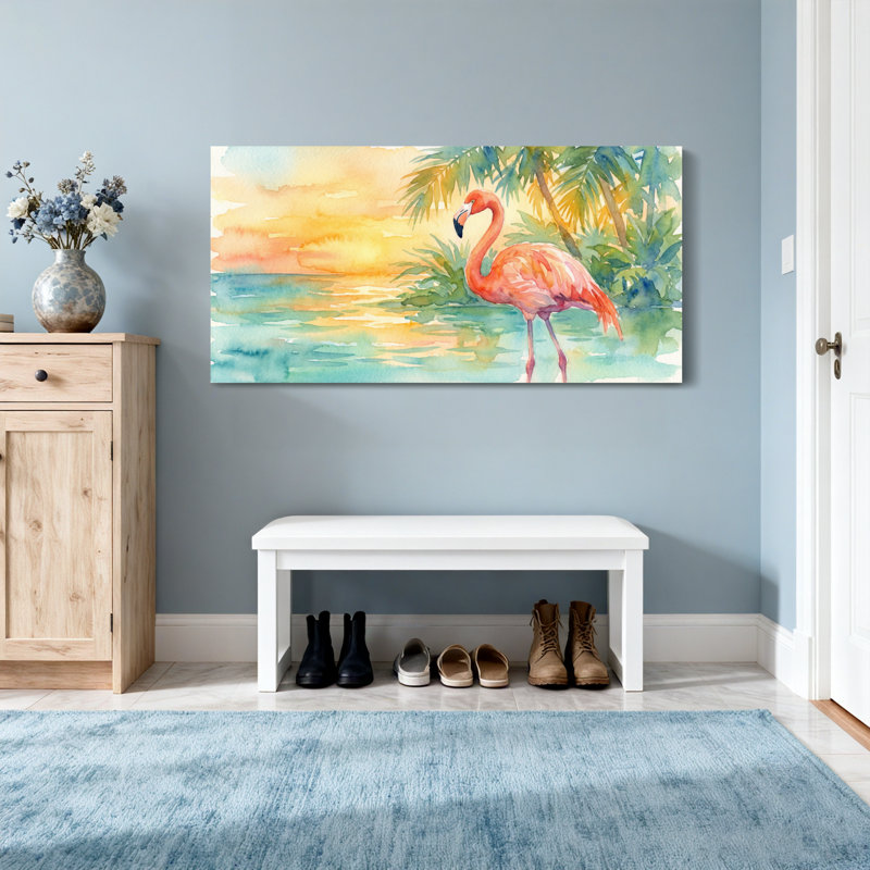 Animaux, flamant rose, coucher de soleil, aquarelle sur toile, H 28 po x l 58 po