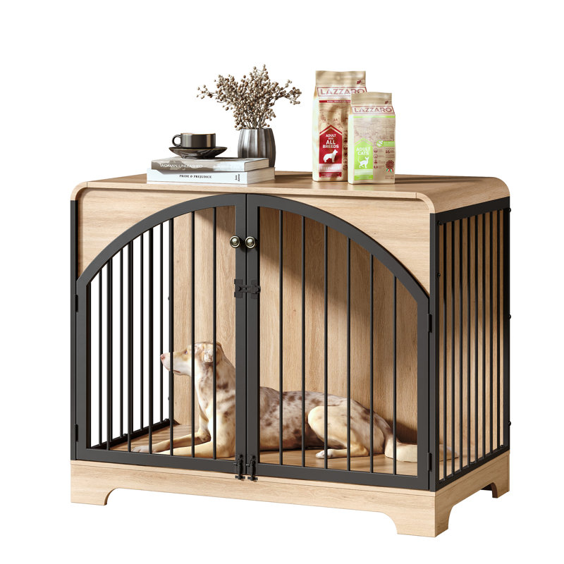 Meuble de 40 po avec cage pour chien de ferme, table de bout intérieure en bois pour chenil pour chiens de grande / moyenne taille, maisonnette décorative avec barres en métal arquées, chêne