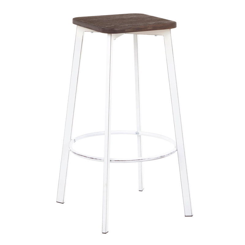 Tabouret de bar industriel carré en bois et bambou à grain de bois pressé - ensemble de 2, Blanc / Blanc