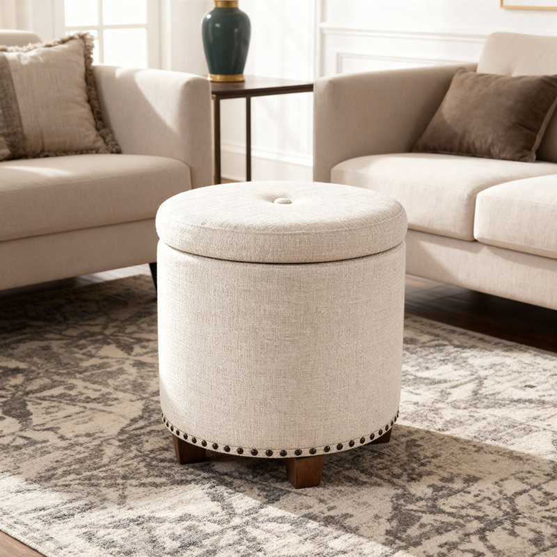 Mayen 19" Wide Round Storage Ottoman, Light Brown Fabric