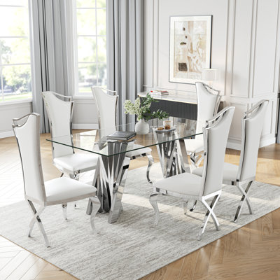 7-Piece Glass Dining Table Set, 70" Modern Irregular Stainless Steel Legs With Streamlined High Back Chairs With X-Shaped Legs For Kitchen, Home Office