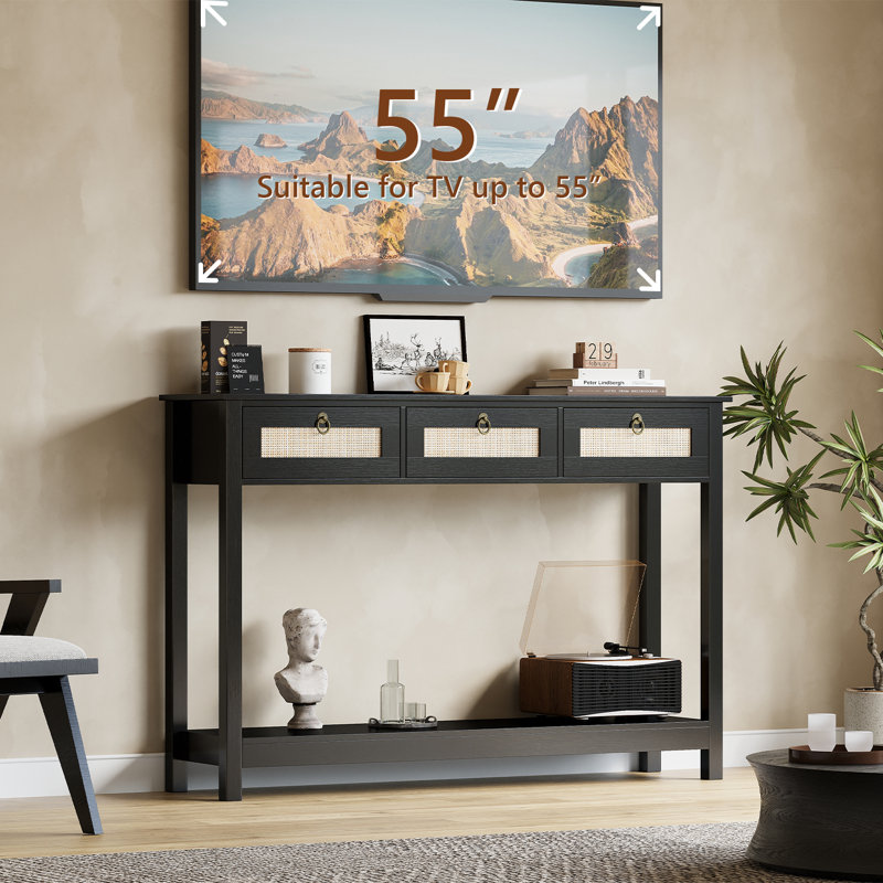 47.3" Rattan Console Table With 3 Drawers, Black