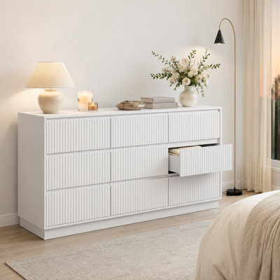 Matte White Handleless Fluted Dresser 9-Drawer Storage Cabinet