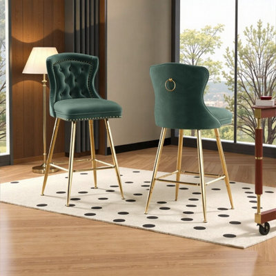 Modern Green Velvet Bar Stools Set of 2 – Wingback Design with Gold Metal Legs & Adjustable Height