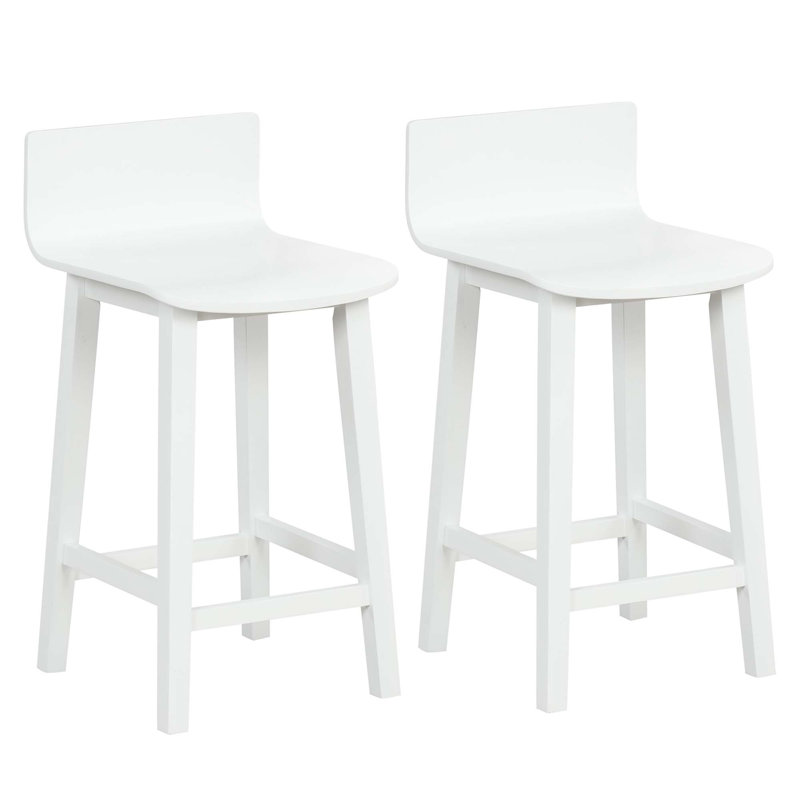 24.5" Wood Bar Stools Set Of 2 With Solid Back & Seat Mid Century Bar Chairs, White