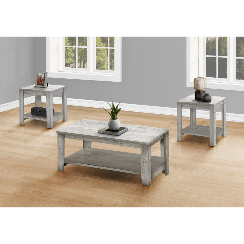 Living Room Table Set with 1 Coffee Table and 2 End Tables with Storage Shelf, Gray