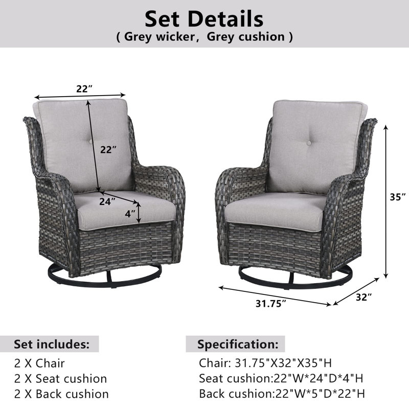 Chaises berçantes d'extérieur en osier avec coussins Tonry, Gris, Gris