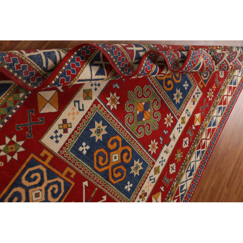 Tapis géométrique rouge fait à la main Kazak