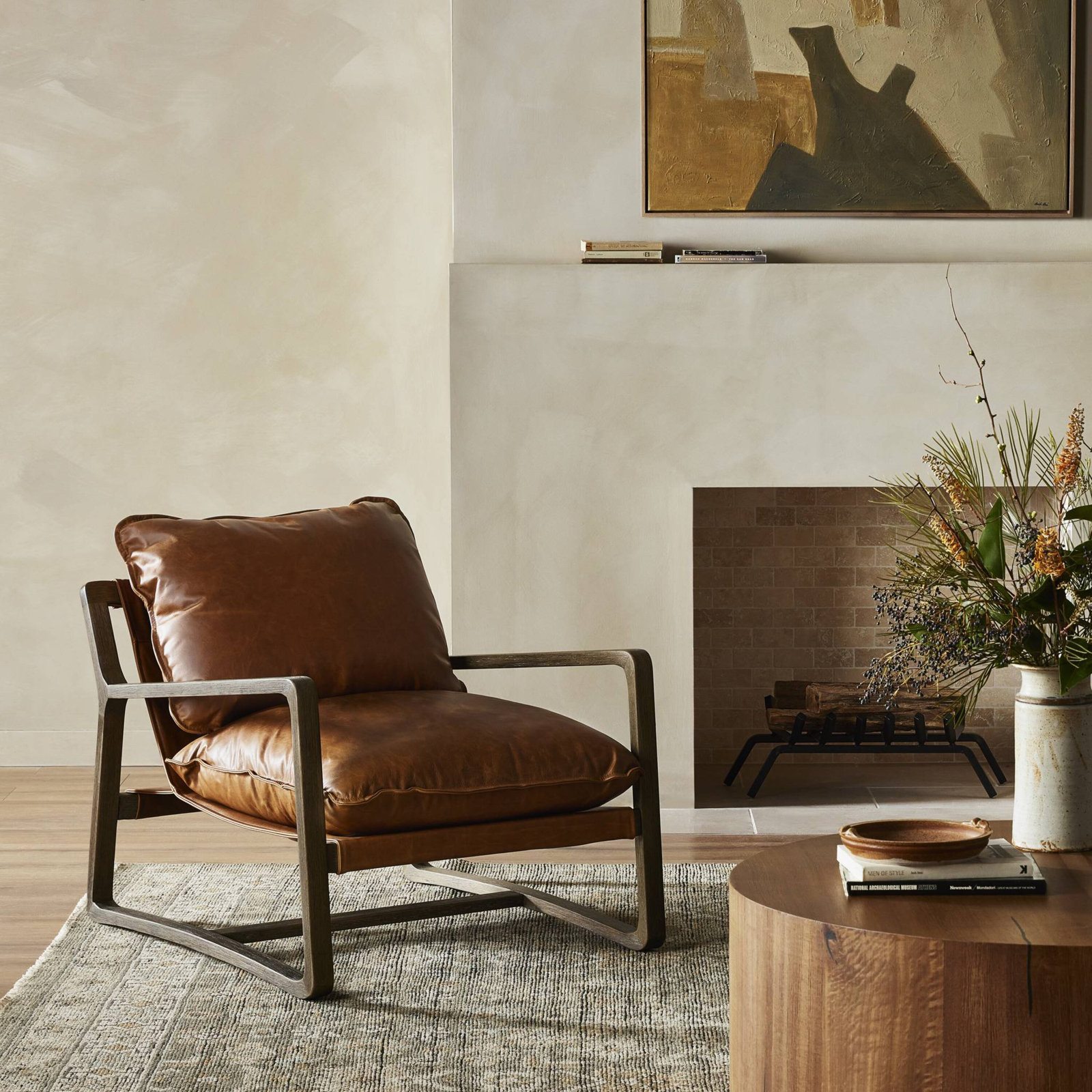 Goldberg Wooden Frame Armchair, Raleigh Chestnut Top Grain Leather, Lamont Natural
