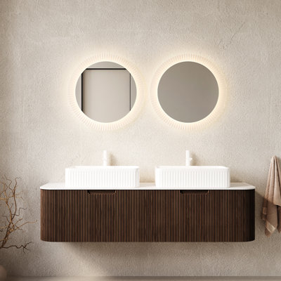 Meuble-lavabo de 152 cm avec 2 lavabos rectangulaires en céramique blanche, fini noyer foncé, tiroirs, préassemblé, sans robinetterie, comptoir, fini rayé 3D, grand espace de rangement, système de fermeture amortie pour les lavabos, armoire en contreplaqué.
