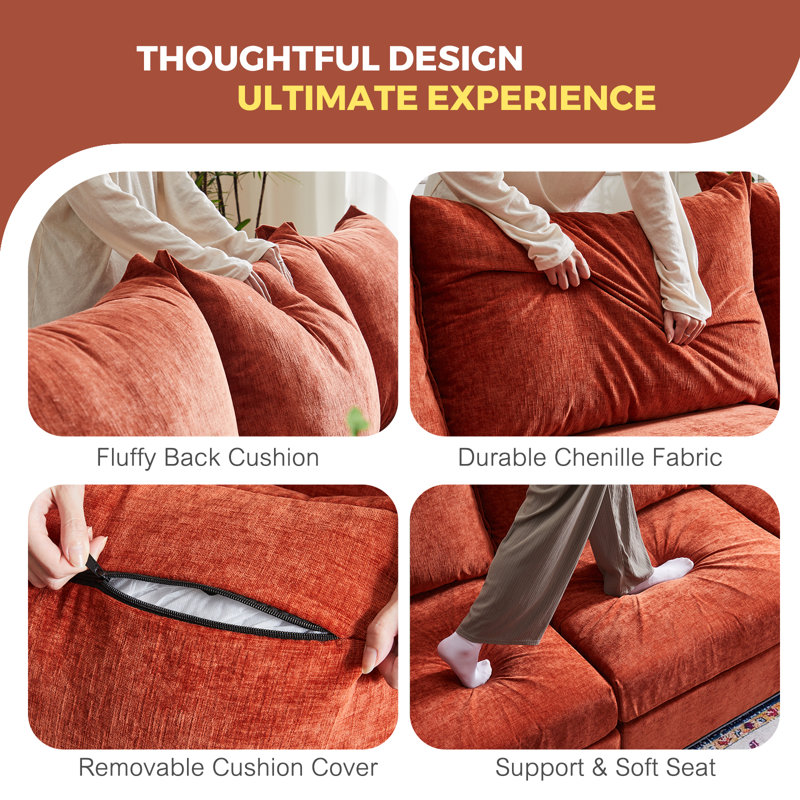 Canapé modulaire moderne réversible de 102 po de largeur avec repose-pieds en tissu chenille de qualité supérieure, Orange