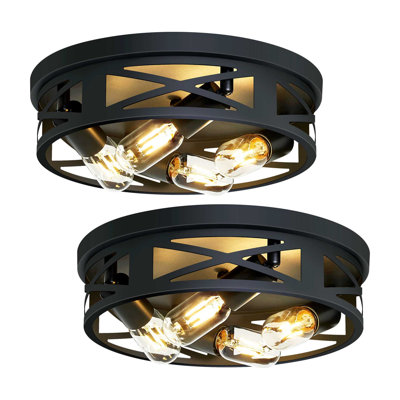 Lot de 2 plafonniers industriels encastrés à 4 lumières, noir mat, structure métallique ajourée entrecroisée, luminaires de plafond ronds de style ferme pour corridor, cuisine ou entrée.
